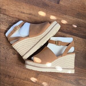 Soda Tan Espadrille Wedge Sandals with Gold Buckle
